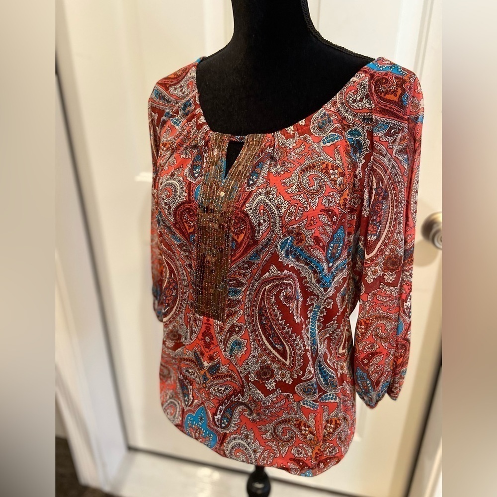 I.N.C. International Concepts~Vibrant Sheer Top w/Sequin & Bead Detail~Size S